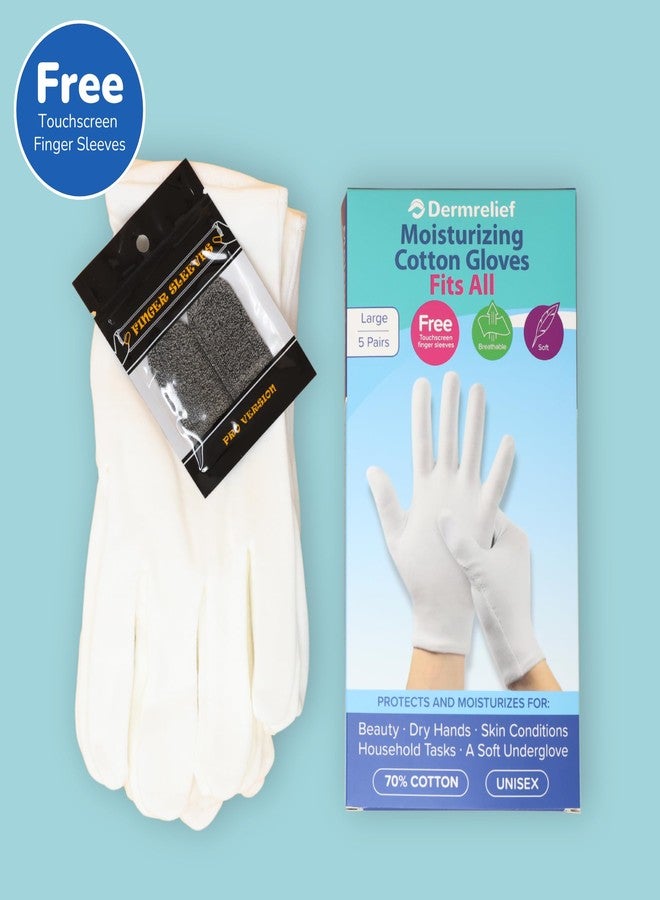 Dermrelief Cotton Gloves Fits All - for Beauty, Dry Hands, Eczema, Dermatitis and Psoriasis (5 Pairs) with Free Gift (Touchscreen Finger Sleeves) (Large) - Image 2